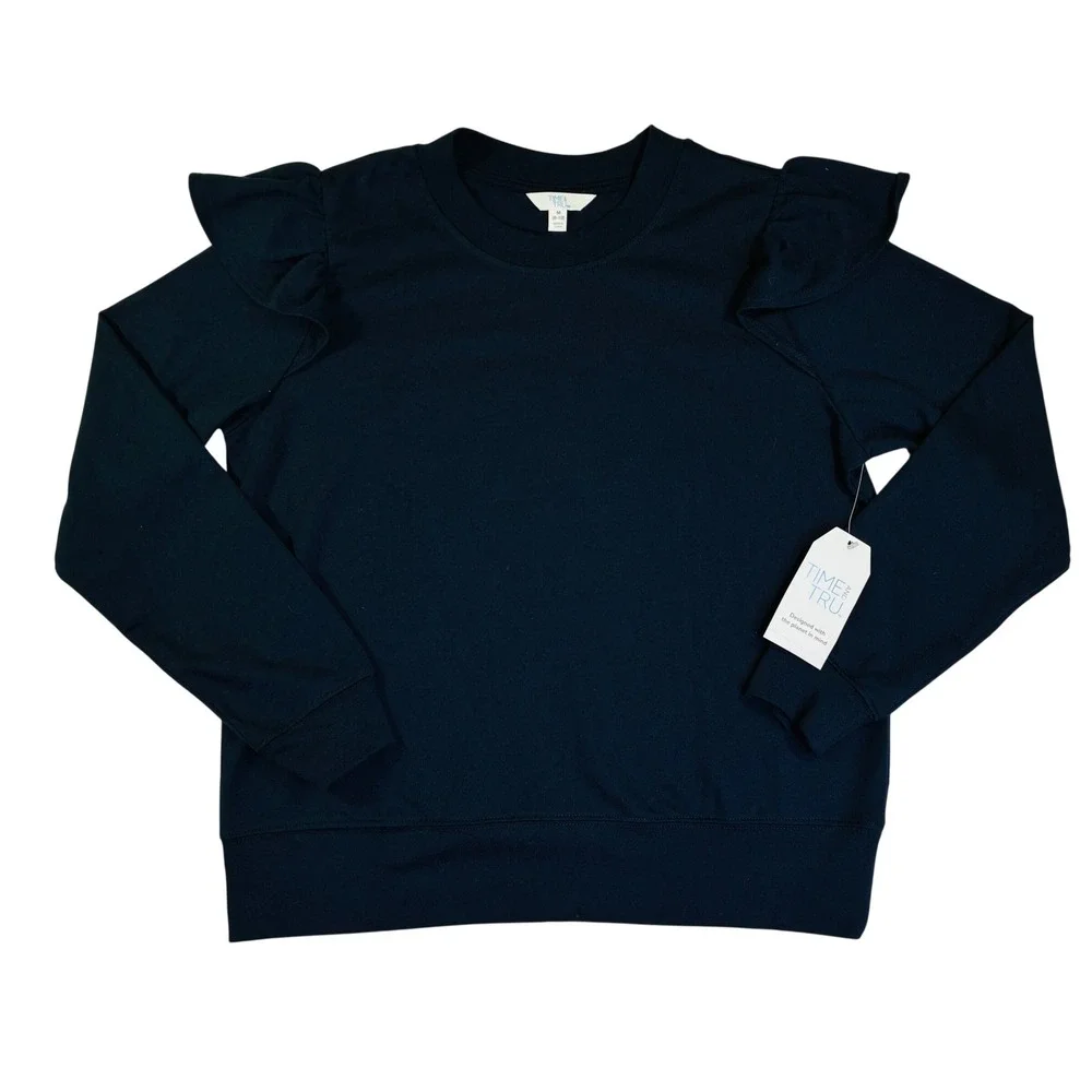 Time and Tru Girls Navy Blue Ruffle Shoulder Sweatshirt Pullover Medium 8-10